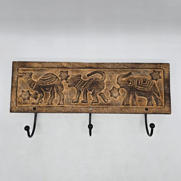 Carved Wooden Camel, Monkey, and Elephant 3 Hook Rack-Carved Made in India - Picture 1 of 5